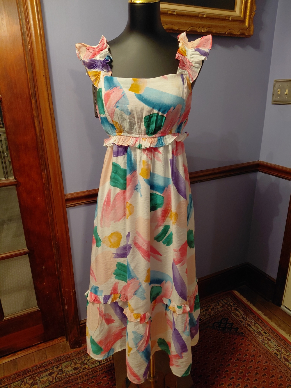 Blu Pepper Pastel Brushstroke Ruffle Midi Dress